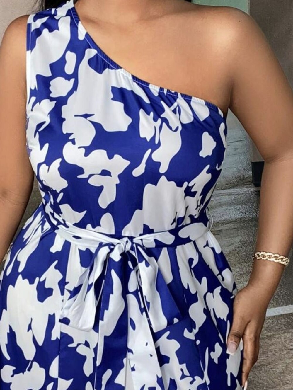 One-Shoulder Blue and White Floral Maxi Dress